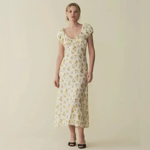 Doen Florencia Silk Short Puff Sleeve Midi Dress Yellow Gold Frolicking Floral